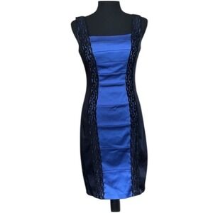 Jax Satin Blue Bodycon Dress Black Lace Trim Party‎ Cocktail Size 2 NEW